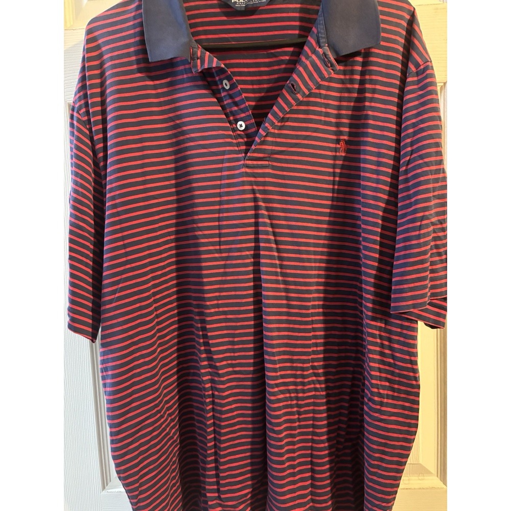 Polo Golf Ralph Lauren Mens XL‎ Pima Cotton Striped Polo Shirt Navy Blue Red
